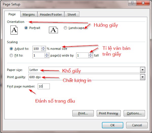 Thiết lập thông số Width và Height trong Page Setup
