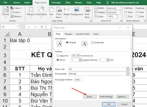 cách in excel vừa trang giấy a4 ngang